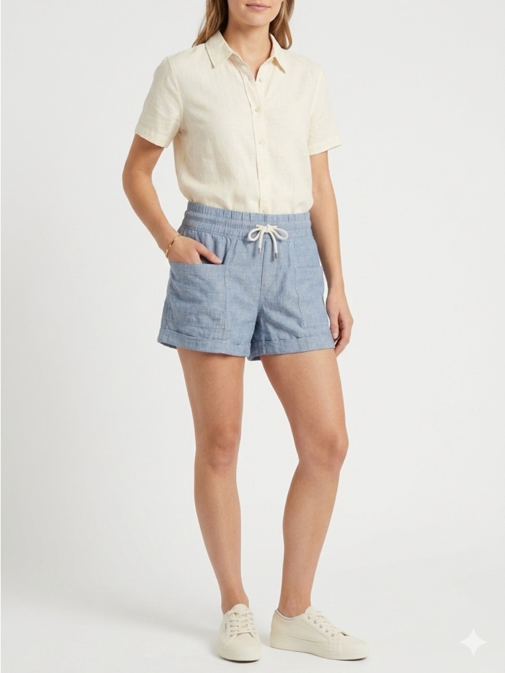 Athleta Cabo 4" Short Pull On Drawstring Linen Chambray Blue Size 14